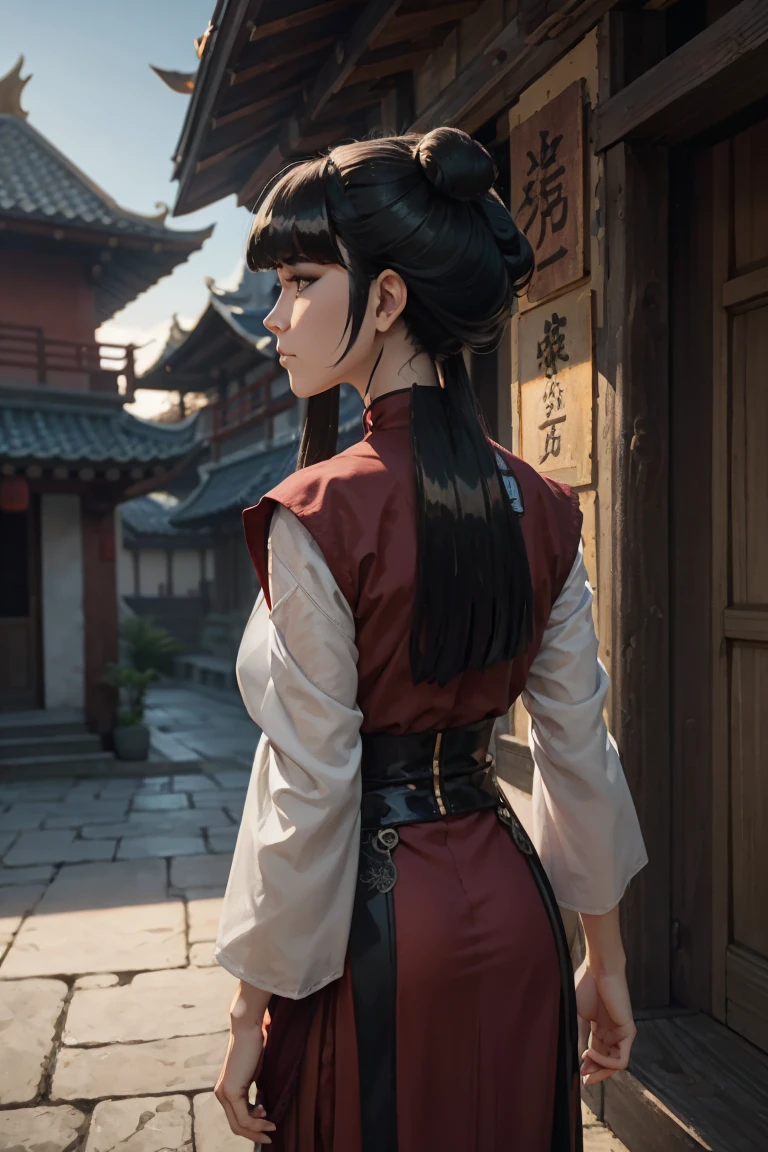 8k, ray tracing, vibrant colors, (1girl), (solo:1.4), (mai:1.4), chinese clothes, black hair, long hair, sidelocks, (from behind), masterpiece, sharp focus, Best Quality, depth of field, cinematic lighting, very detailed clothes, perfect hair, Rich in details and textures, masterpiece, Best Quality, beautiful girl, Sun light, chiaroscuro, (perfect hands:0.7, Clean hands:0.7), ((((Professional photography)))), ((Dream)), Whole body, outdoors
