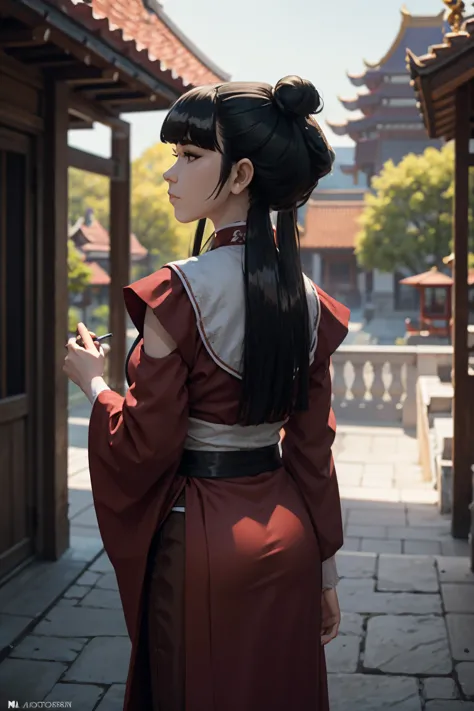 8k, ray tracing, vibrant colors, (1girl), (solo:1.4), (mai:1.4), chinese clothes, black hair, long hair, sidelocks, (from behind...