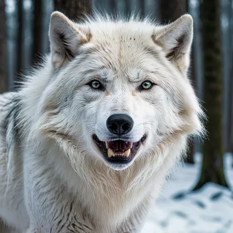 a white wolf, detailed fur, piercing eyes, sharp teeth, in a snowy forest, beautiful landscape, magical atmosphere, moody lighti...