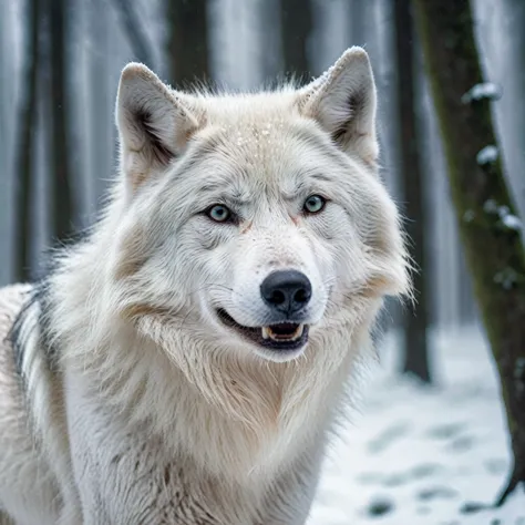 a white wolf, detailed fur, piercing eyes, sharp teeth, in a snowy forest, beautiful landscape, magical atmosphere, moody lighti...