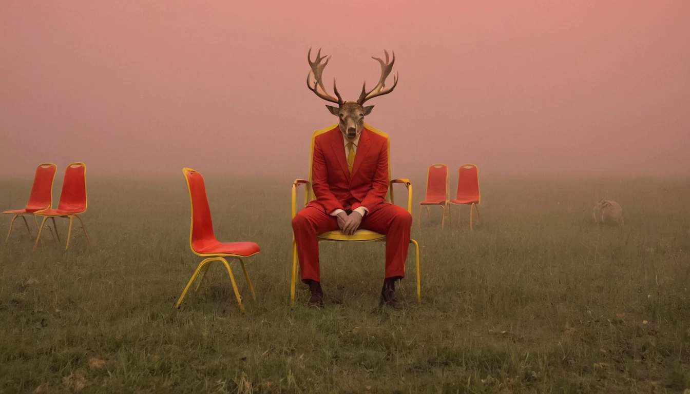 Creepy and bizarre, y2mad, oxide, fog, profound, unpleasant, disgusting, creepy atmosphere, field background, red chairs lined up, deer head creature with face, wearing yellow suit, sitting on red chair