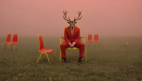 creepy and bizarre, y2mad, oxide, fog, profound, unpleasant, disgusting, creepy atmosphere, field background, red chairs lined u...