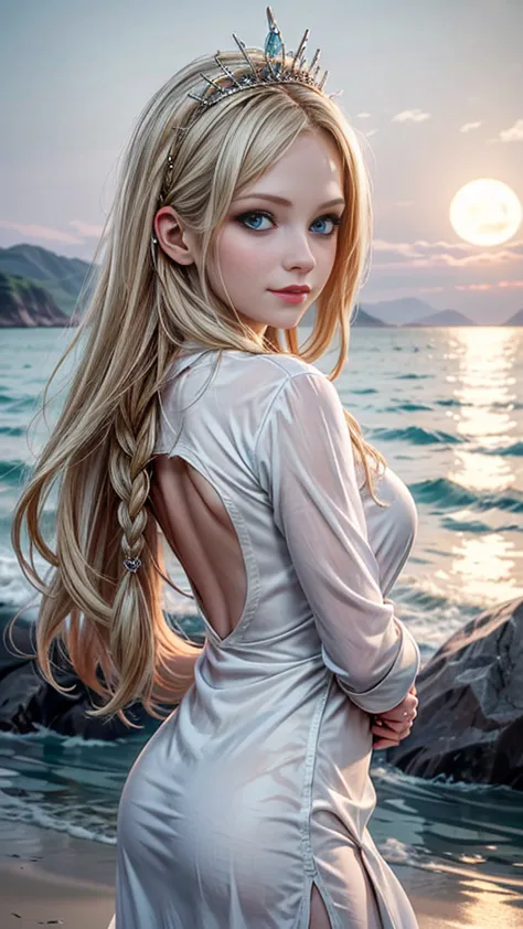 (((there  one girl coming out of the sea))), the swan princess from russian mythology, a beautiful calm face, blue eyes, blond l...