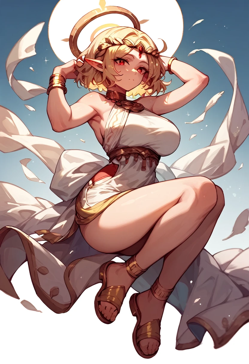 Woman, fair skin, Short light blonde hair (Wavy), red eyes, halo behind the head emitting light, white Greek clothes, golden sandals,Golden tiara on the forehead,golden bracelets,Pointy ears sticking out of the hair , large breasts 