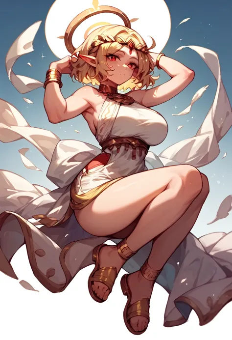 woman, fair skin, short light blonde hair (wavy), red eyes, halo behind the head emitting light, white greek clothes, golden san...