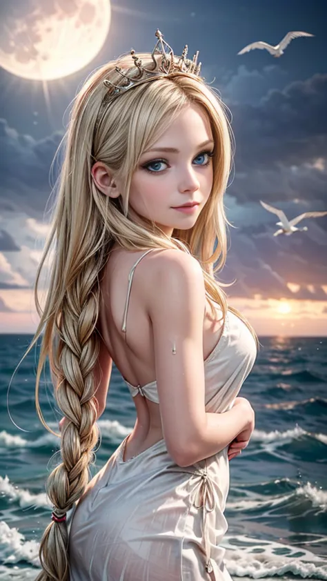 (((there  one girl coming out of the sea))), the swan princess from russian mythology, a beautiful calm face, blue eyes, blond l...