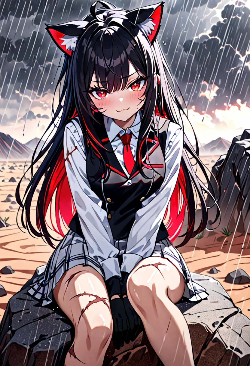 8K Ultra High-Quality, ultra-detailed, High quality, Black hair, Neon Red inner layer hair, glowing Red eyes, Long hair, Cat ears, black gloves, white school uniform, black vest and skirt, smug, face covered in scars, sitting on a rock, full body, close up, foggy desert background, raining heavily, dark cloud