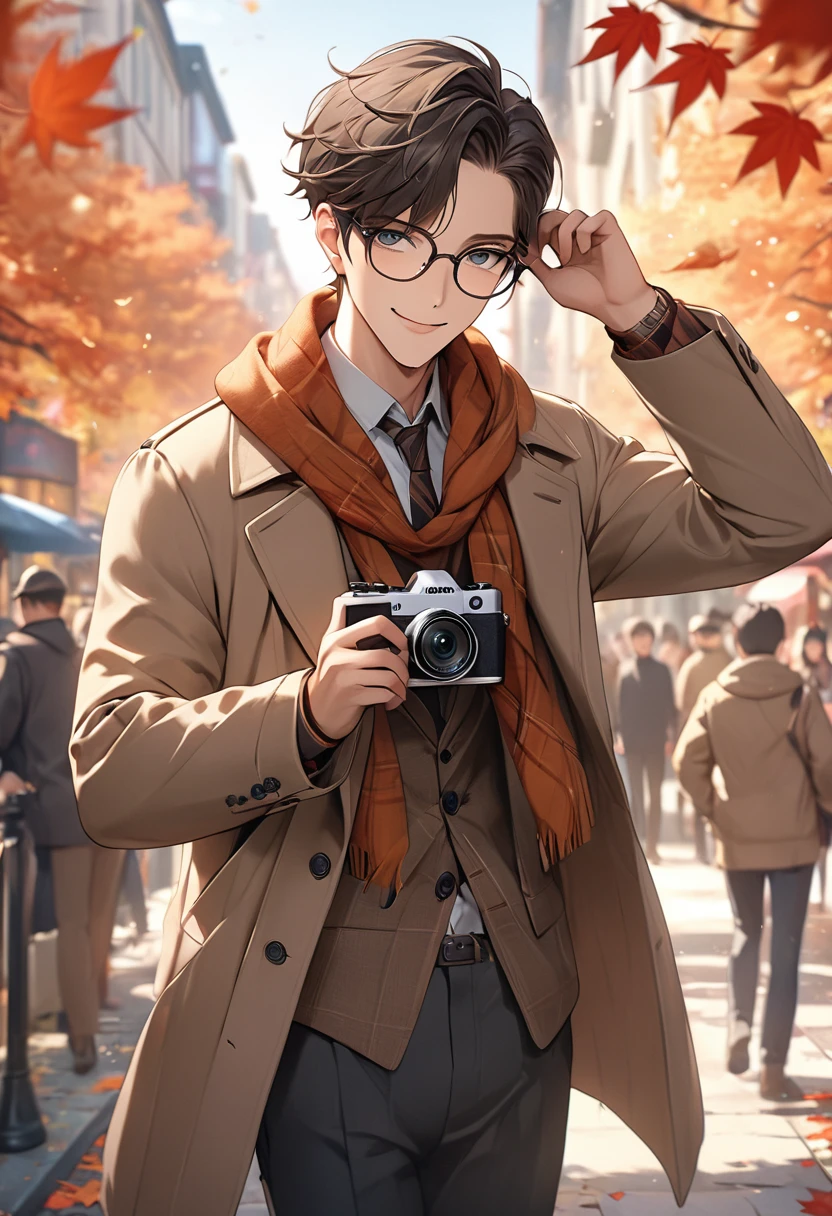 masterpiece, Attention to detail, High resolution, RTTX 10.0, 8k, high quality, season　autumnの、Staring at the audience、Official Art、Cute anime style、1 male、alone、Glasses、smile、focus、Have a camera、Camera in hand、Taking a photo、Fashionable clothes、autumn、autumn leaves、warm