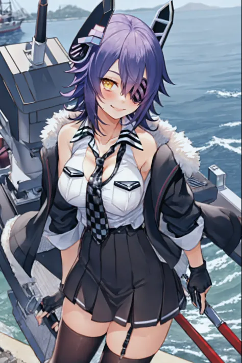 best quality, masterpiece, solo, {tenryuu_kantaicollection:1.15}, teen_girl, eyepatch, short_hair, purple_hair, yellow_eyes, headgear, breasts, necktie, big_breasts, smile, 1girl, blush, checkered_necktie, hair_over_one_eye, shirt, portrait, white_shirt, jacket, sleeveless, fur-trimmed_jacket, fur_trim, collarbone, looking_at_viewer, pocket, breast_pocket, messy_hair, black_gloves, gloves, partially_fingerless_gloves,harbor_road_landscape_background,outdoor,nihl, cleavage,solo