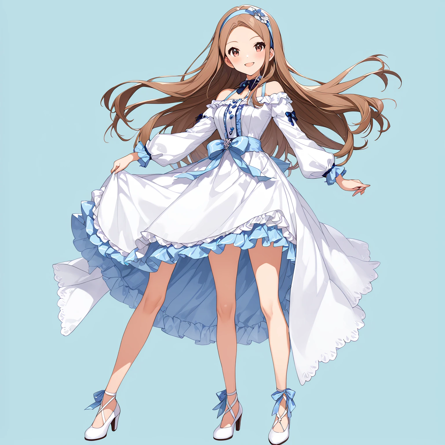 (masterpiece)、(Highest quality)、(High resolution)、(Very detailed)、(so beautiful:0.9)、(very cute:0.9)、(Brighten your face:0.3)、

(Minase Iori)、
Straight long brown hair、amount、Barrette、hair band、 
smile、Shyness、低height、
Beautiful breasts、Round Breasts、round face、
bust:77cm、height:153cm、 

Perfect Anatomy、(Two perfect slim legs)、Two perfect arms、Five perfect fingers、Big pink eyes、slender、Tight waist、
Delicate and smooth skin、Beautiful Skin、Textured skin、Healthy Skin、
alone、whole body、

Off-the-shoulder top with ruffled sleeves、Short ruffle skirt、White frilly apron、
White heels、白いレースのhair band、
casual、

(((Leaning forward:0.9)))、(Cleavage:0.5)、
(Skirt Lift:0.5)、(Grab your skirt:0.5)、

(14_years_old), 
(独奏:1.5), (Standing), 
(Full Body Shot:1.5), 
(from the front), 
(No background:1.5), (LightBlue background:1.5), 