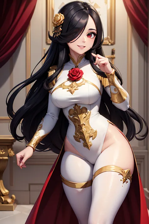 ((best quality)), ((masterpiece)), (detailed), perfect face, white tights, black-gold-red rose-dress, long black hair, kind smil...