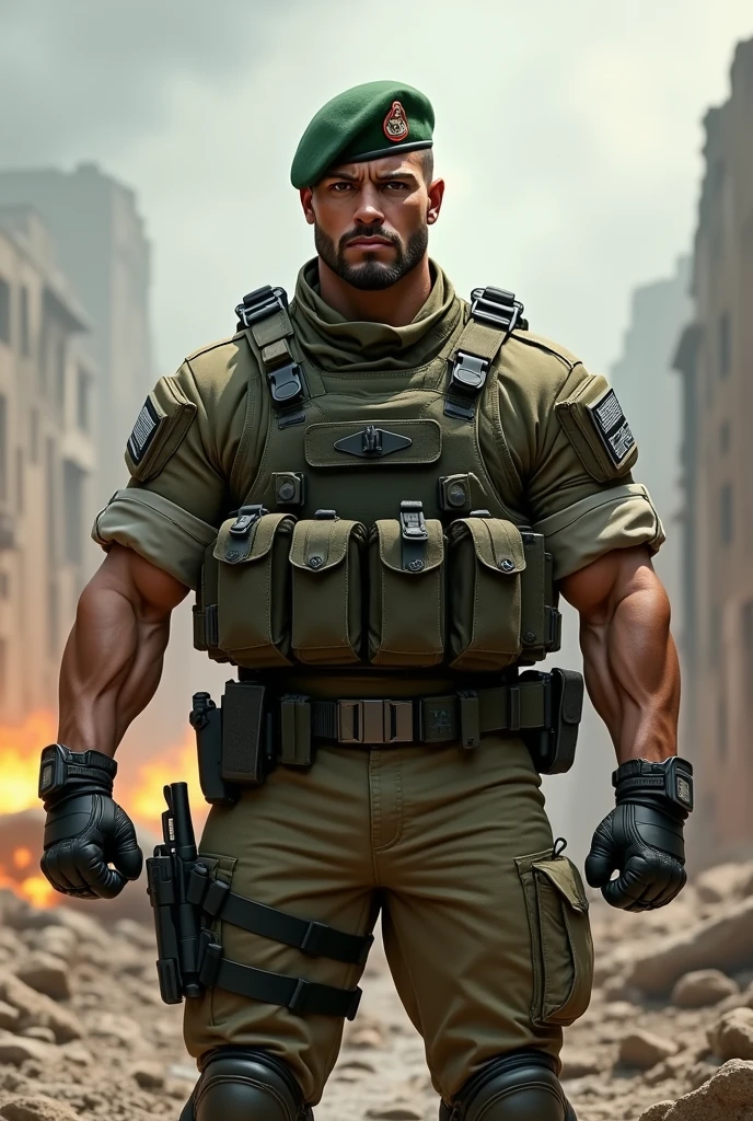 A very handsome big muscular man wearing a soldier combar uniform, with tactical gloves and spec ops green beret, rolled up sleeves, showing biceps, background a battlefield