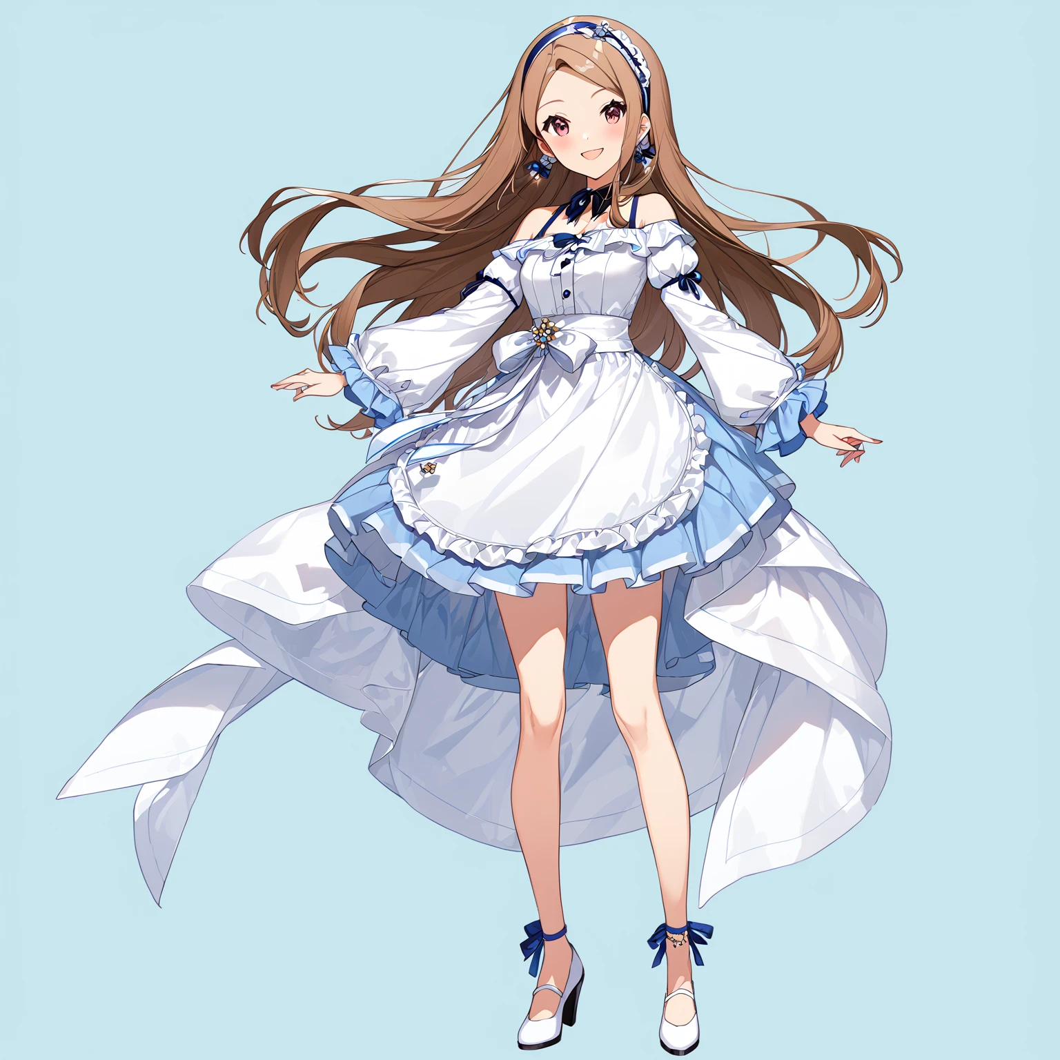 (masterpiece)、(Highest quality)、(High resolution)、(Very detailed)、(so beautiful:0.9)、(very cute:0.9)、(Brighten your face:0.3)、

(Minase Iori)、
Straight long brown hair、amount、Barrette、hair band、 
smile、Shyness、低height、
Beautiful breasts、Round Breasts、round face、
bust:77cm、height:153cm、 

Perfect Anatomy、(Two perfect slim legs)、Two perfect arms、Five perfect fingers、Big pink eyes、slender、Tight waist、
Delicate and smooth skin、Beautiful Skin、Textured skin、Healthy Skin、
alone、whole body、

Off-the-shoulder top with ruffled sleeves、Short ruffle skirt、White frilly apron、
White heels、白いレースのhair band、
casual、

(14_years_old), 
(独奏:1.5), (Standing), 
(Full Body Shot:1.5), 
(from the front), 
(No background:1.5), (LightBlue background:1.5), 