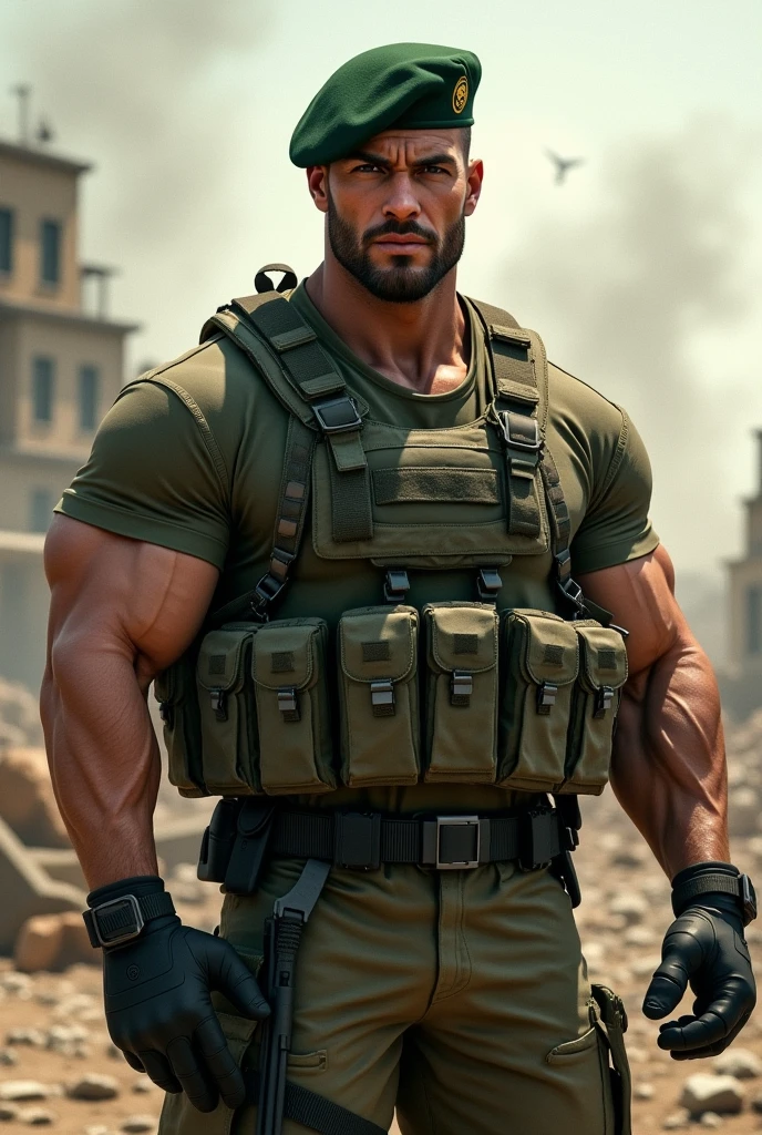 A very handsome big muscular man wearing a soldier combar uniform, with tactical gloves and spec ops green beret, rolled up sleeves, showing biceps, background a battlefield