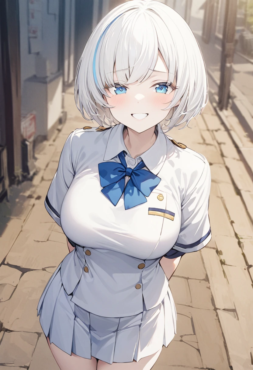 A cute girl, looking at the viewer,short white hair, hands behind the back, Grinning, wearing a Japanese style school uniform, empty street in the background, blue bow tie, teenage body, work of art, perfect hands, detailed uniform, background detailing, high qualiy