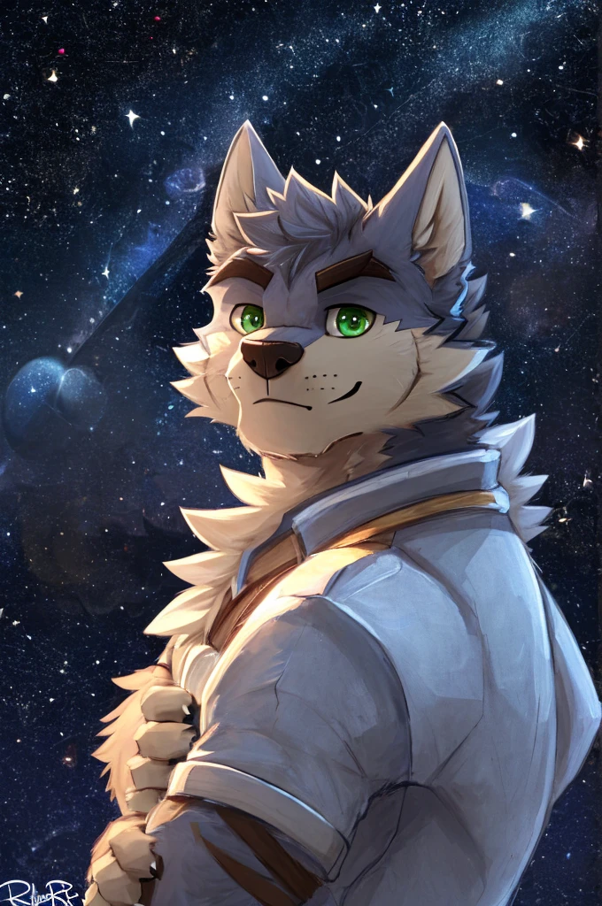 (great quality), lobo, alone, detailed face, detailed body, 5 fingers, Detailed hands, green eyes, detailed eyes, short hair, 2 arms, whole body, ((creative pose to draw it)), to the screen,((image for circular profile picture)), ((starry background)), por pache riggs