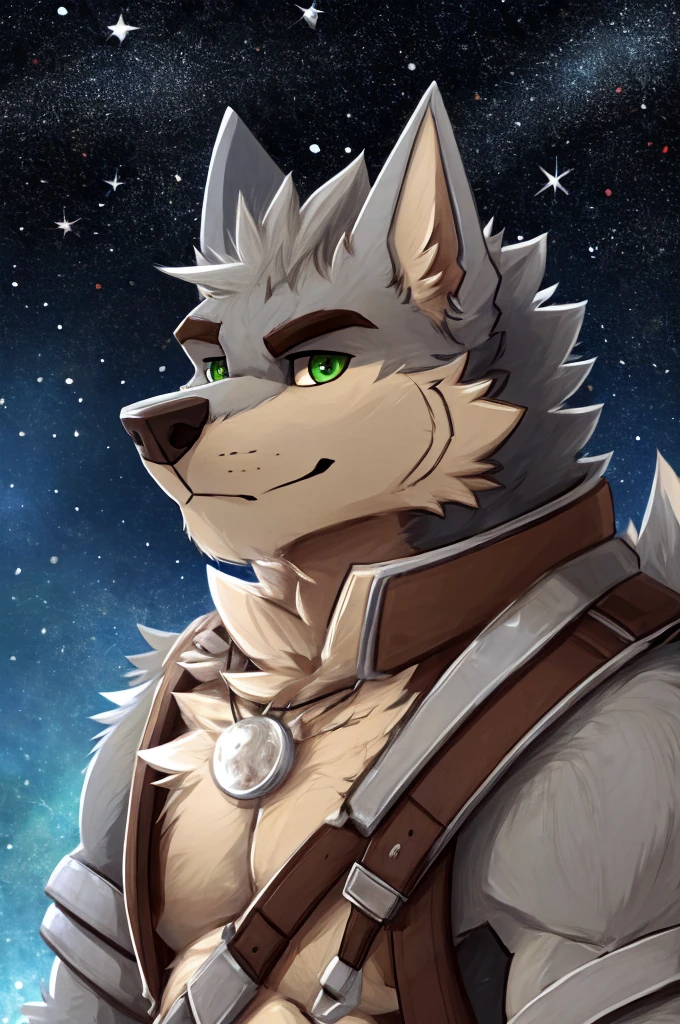 (great quality), lobo, alone, detailed face, detailed body, 5 fingers, Detailed hands, green eyes, detailed eyes, short hair, 2 arms, whole body, ((creative pose to draw it)), to the screen,((image for circular profile picture)), ((starry background)), por pache riggs