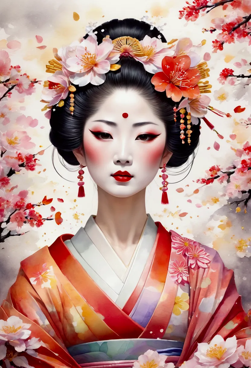 a masterpiece watercolor painting of an oiran, framed from the upper body, nearly obscured by an overwhelming flurry of flower p...