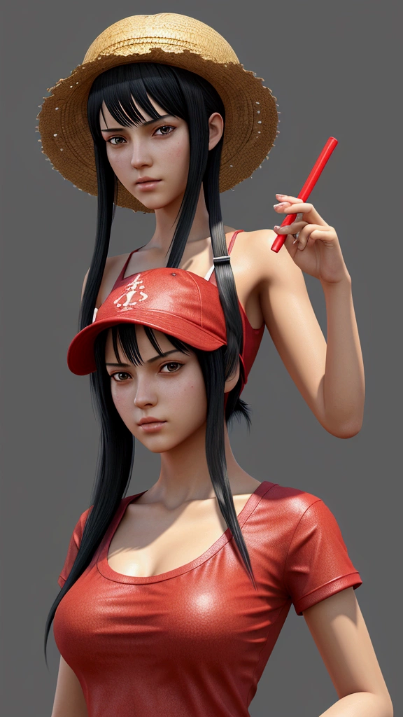 girl character with straight black hair cosplaying one piece, with a straw hat on his head, a red t-shirt and a black top., realistic detailed digital art, detailed art of believable girl, Ream image art., fanart best art station, Realistic style