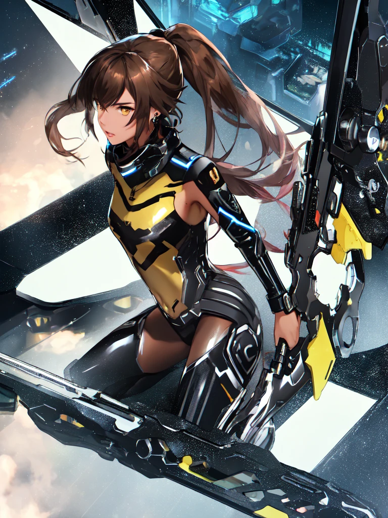 high quality, extremely detailed, perfect face, sharp face, angular face, full lips, Quna, extremely long ponytail, brown hair, brown eyes, (((brown skin))), dark skin, ((black latex zelsius bodysuit)), yellow armor, ((extremely glossy)), cyberwear, earpiece, holding weapons, ((sci-fi pistols)), ((bayonets)), surreal space background, starship interior, window
