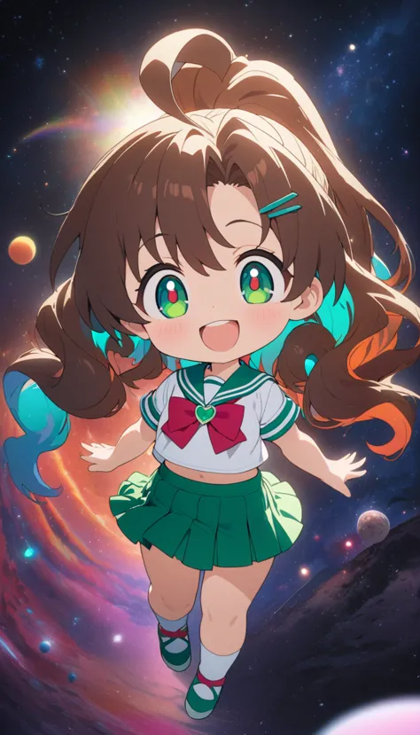 female child, glad, smiling, looking at viewer, high ponytail, green round hair clip rubber, ahoge, wavy hair,  brown hair, gree...