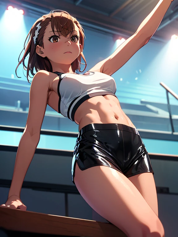 of the highest quality:1.5, High resolution, HD, 4k, detailed lighting, Shaders), NSFW Misaka Mikoto,short hair　Brown hair　Brown eyes　cold face　　((Black latex shorts.))++　Sports bra with small area.　realistic sun rays　 Beautiful park　top-less　completely naked