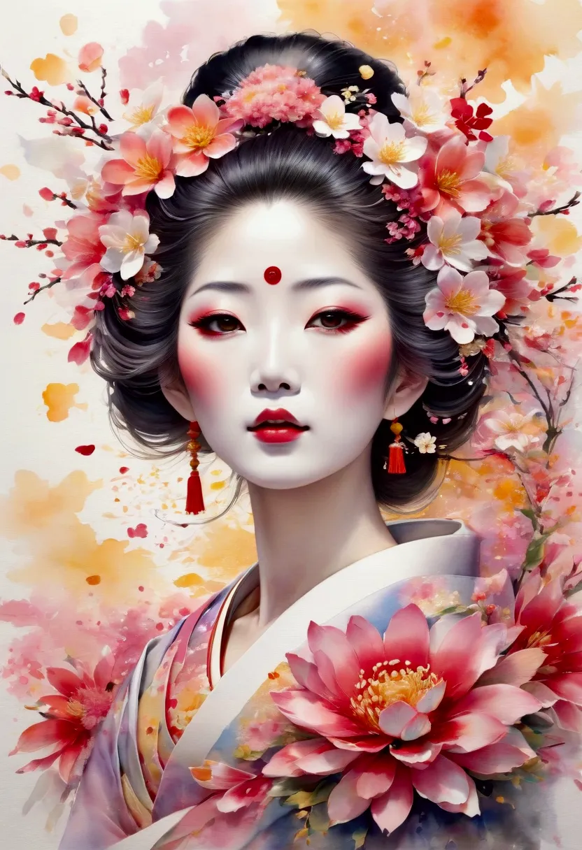 a masterpiece watercolor painting of an oiran, framed from the upper body, nearly obscured by an overwhelming flurry of flower p...