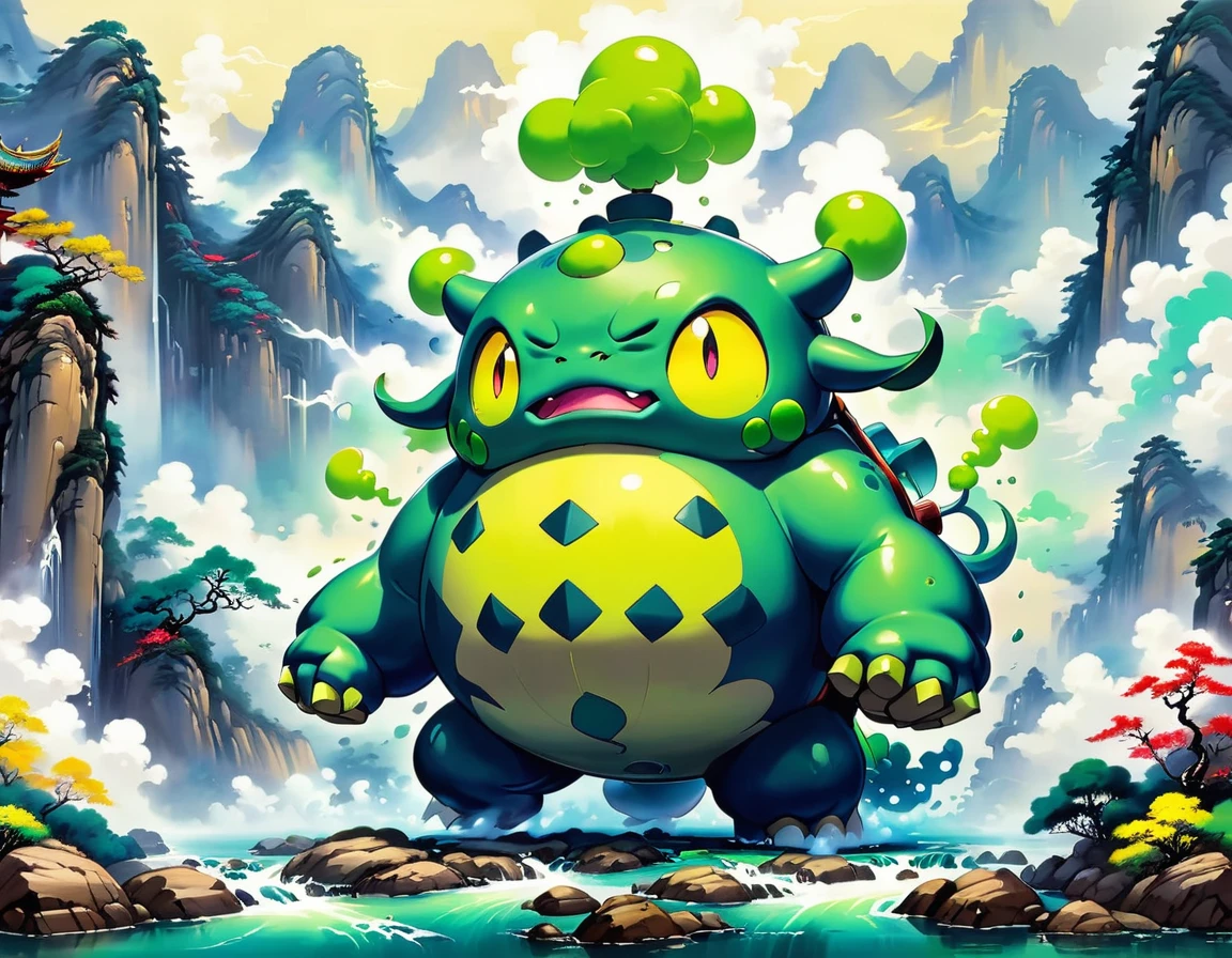 Chinese ink style, Galarian Weezing with primary gray color palette with pale-yellow and toxic green