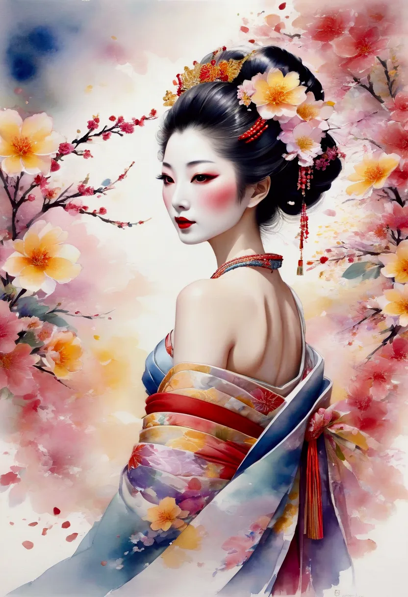 a masterpiece watercolor painting of an oiran, framed from the upper body, nearly obscured by an overwhelming flurry of flower p...