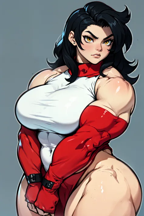 mad girl black hair yellow eyes pale skin long hair large breasts huge muscles skintight (bold outlines bold outlines bold outlines)