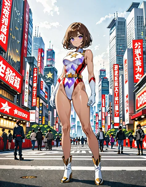 (masterpiece), (best quality), (high res), medium breasts, cute and attractive woman, ((leotard, white and red leotard, matching leotard, sleeveless, bare legs)), ((tight belt, gold belt)), ((boots, matching boots, ankle-high boots, white boots)), ((gloves, white gloves)), city backdrop, tokyo city backdrop, solo, solo focus, standing, (full body), cowboy shot, superhero, ((beautiful detailed eyes)), ((gold star symbol on chest)), (brown hair, medium hair, bob hair, purple eyes), (perfect hands, perfect anatomy), cowboy shot, superhero, ((beautiful detailed eyes)), full body costume design. fix hands.