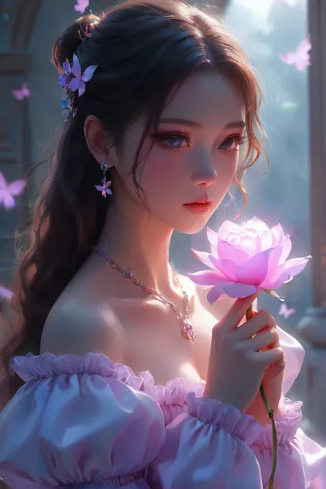 there is a woman in a pink dress holding a pink flower., fantasy art style, beautiful digital art, trends on cgstation, digital ...