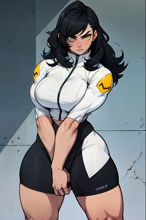 mad girl black hair yellow eyes pale skin long hair large breasts huge muscles skintight (bold outlines bold outlines bold outlines)