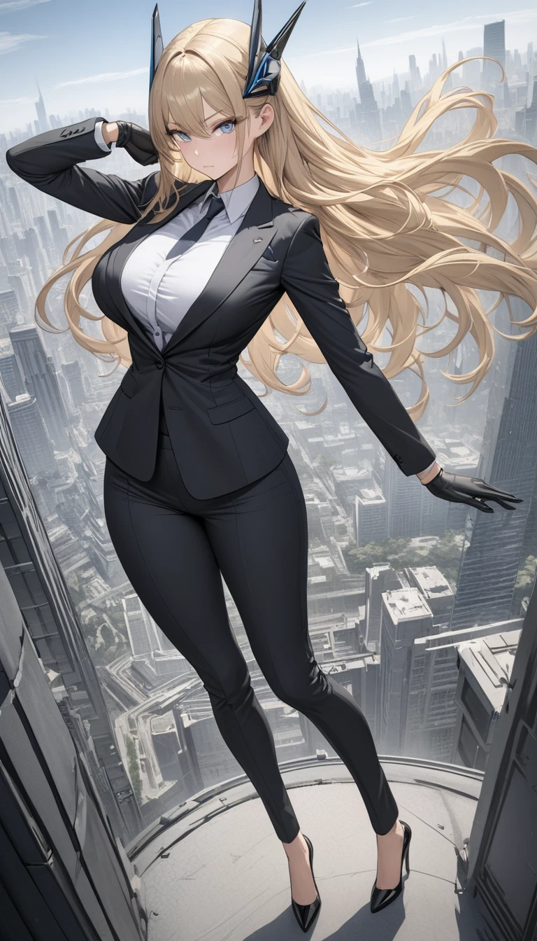 ((masterpiece)), ((high quality)),((ultra-detailed)), ((extremely detailed)),4K,8K, (character portrait), wearing blue pants suit, in business suits, navy collared shirt, a beautiful woman, very tall woman with great style, tight suit, big breasts, slender body, 1girl, solo, purple pupils, perfect hands, perfect face, perfect eyes, perfect body, perfect legs, serious, city background, ,Masterpiece, best quality,punching ,suit, pants, pencil drawning, color accents, color highlights, (grayscale:1.3),blonde hair, long hair, drill hair, hair ornament, headgear, blue eyes, white shirt, gloves, armored pumps, back view, ((full body))