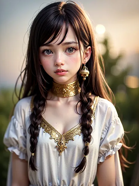 solo, a child, cute, gaze of contempt, long blue eyes, lips so red, gorgeous silver hair with thin braids on the left and right ...