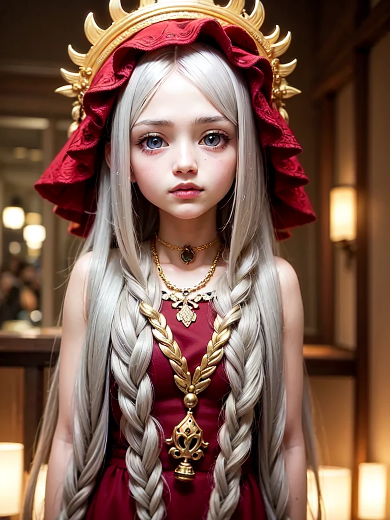 solo, a child, cute, gaze of contempt, long blue eyes, lips so red, Gorgeous silver hair with thin braids on the left and right sides, pointy nose, Cheeky red and soft cheeks, Slender eyebrows that frame the eyes, Goldwork and gold chains imitating bells decorating the ends of the hair, exotic look, quite petite, Height is 4 feet and 4 inches, Her face was young and well-groomed, but cute., Healthy dark brown skin with no visible stains Clear and sharp eyes nomadic people