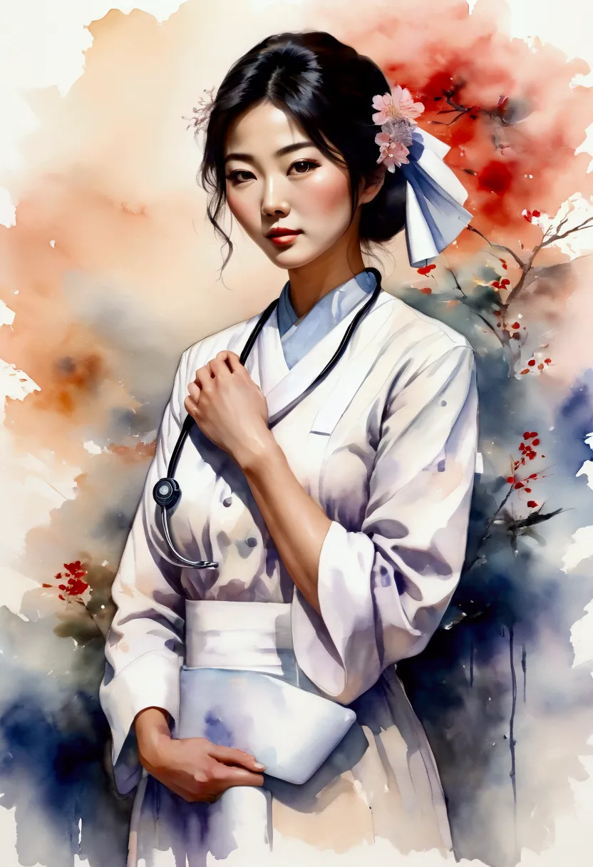 a masterpiece watercolor painting of a beautiful japanese woman as a nurse, framed from the upper body. the painting features so...