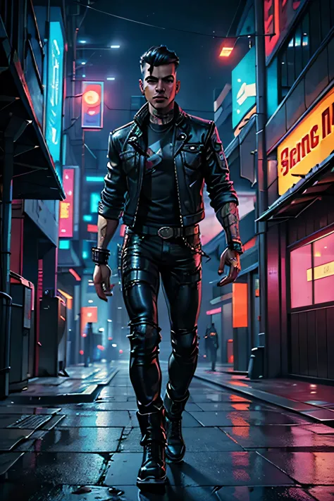 young man 2, wearing leather pants and a denim jacket, walking on the street in the cyberpunk background, incredible visual effe...