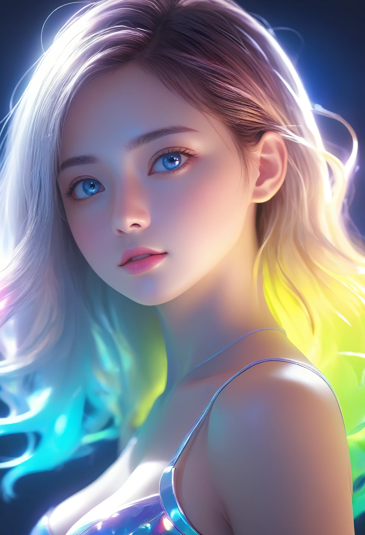 Fluorescent Color, 1 girl, Look to the side, Pretty Face, beautiful eyes, (Shoulder: 1.2), Upper Body, Shiny hair, Radiant Skin, Huge breasts, Dynamic Angle, (((main part))), (((Better quality))), ((Extremely detailed)), (illustration), (Detail Light), ((Extremely beautiful)), dramatic_shadow, Light_track, reflection, Ultra-high resolution