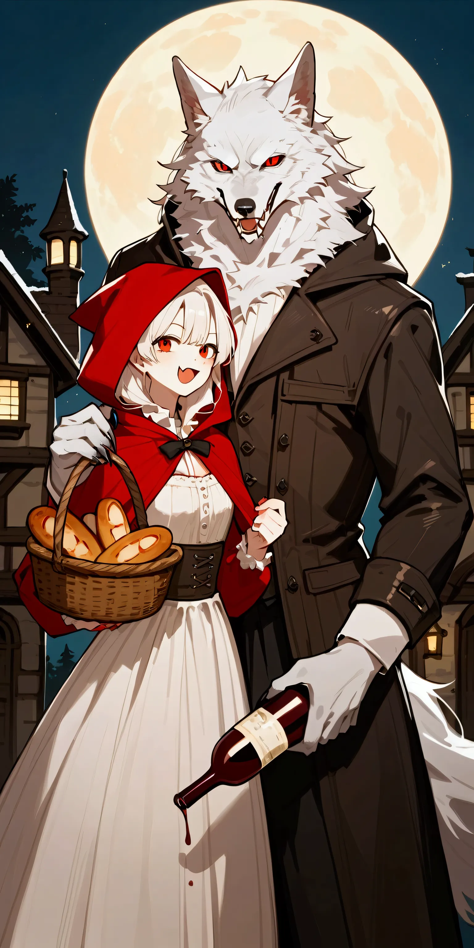 
score_9, score_8_up, score_7_up, score_6_up, score_5_up, score_4_up,source_anime, source_furry,rating_safe, 1girl\(red hood, basket\(wine bottle and bread\),\) AND 1man\((werewolf:1.3),(white:1.3) fur, beautiful,(evil:1.3) smile, fang,(wearing fur),mad,white fur\), at medieval English cottage on a full moon night,