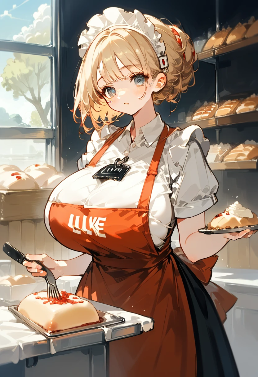 absurdes, 8k, high resolution, Ultra-detail, beautiful, ​masterpiece, best quality, very pretty woman, young, blond hair, Baker, apron (very huge breasts: 1.3), (Lure: 1.6), detailed female face, Very Attractive, in the Bakery, Outbreak,