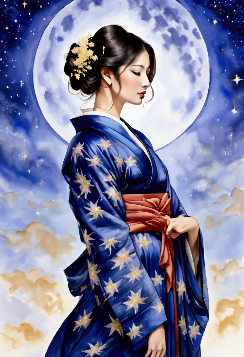 a masterpiece watercolor painting of a beautiful woman in a kimono, framed from the upper body, set against a starry night sky. ...