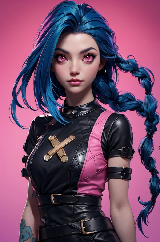 a woman with blue hair and a black shirt is standing in front of a pink background, lois van baarle and rossdraws, portrait of jinx from arcane, artgerm and lois van baarle, rossdraws 2. 0, rossdraws 1. 0, rossdraws 2. 5, artgerm and rossdraws, artgerm comic, 8K image quality, Masterpiece black background with pink brush splash, 8K image quality, Masterpiece