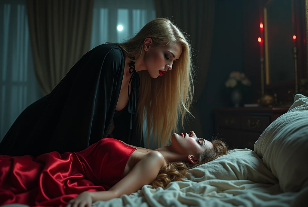 RAW photo, best quality, masterpiece, ultra-detailed, high res), (realistic),(extremely
delicate and beautiful:1), mesmerizing vampire woman with long blonde hair , detailed features, showing vampire fangs , wearing floor
length black and red lined satin cloak tied at the neck with ribbon ties , naked,moonlight bedroom , bending over a sleeping young woman in the bed , drinking her blood from her neck, imaginative, highly detailed, extremely high-resolution details,
photographic, realism pushed to extreme, fine texture, 8k, ultra-detailed, high quality, high
contrast, full body shot rich textures, wide shot, sharp focus, high detail, 8k, masterpiece, photo,