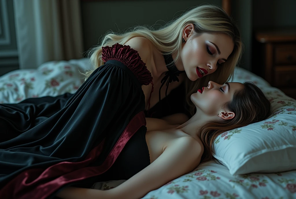 RAW photo, best quality, masterpiece, ultra-detailed, high res), (realistic),(extremely
delicate and beautiful:1), mesmerizing vampire woman with long blonde hair , detailed features, showing vampire fangs , wearing floor
length black and red lined satin cloak tied at the neck with ribbon ties , naked,moonlight bedroom , bending over a sleeping young woman in the bed , drinking her blood from her neck, imaginative, highly detailed, extremely high-resolution details,
photographic, realism pushed to extreme, fine texture, 8k, ultra-detailed, high quality, high
contrast, full body shot rich textures, wide shot, sharp focus, high detail, 8k, masterpiece, photo,