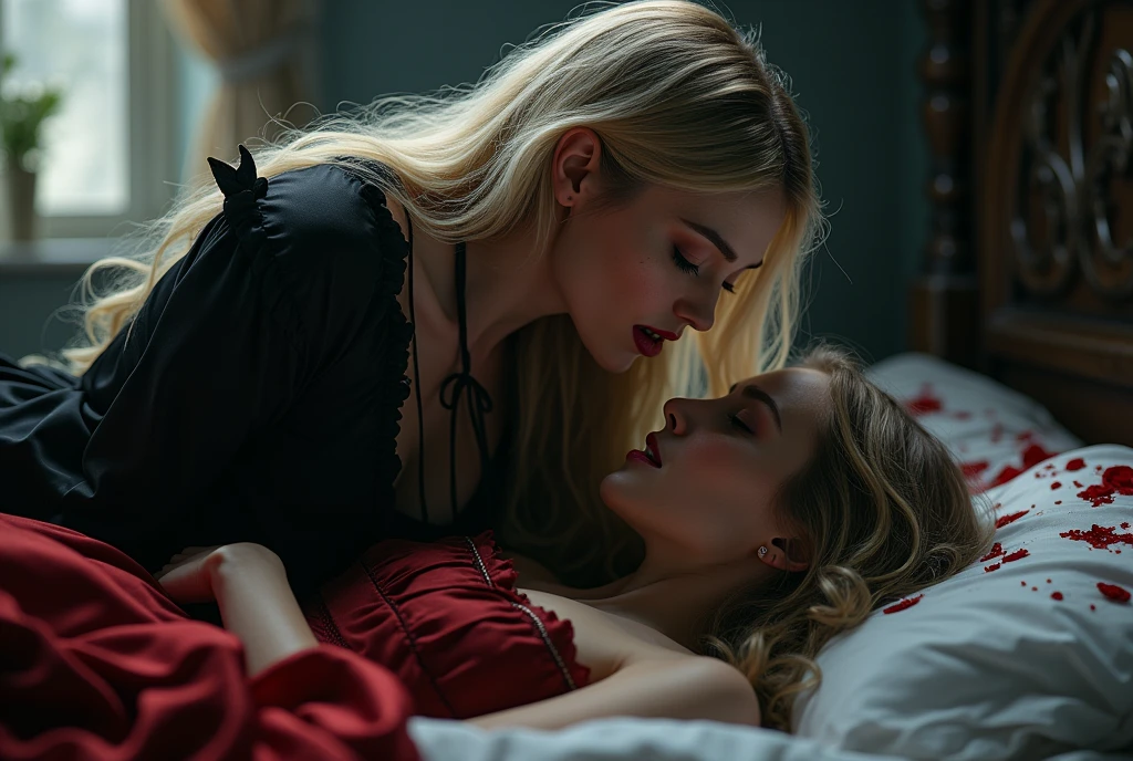 RAW photo, best quality, masterpiece, ultra-detailed, high res), (realistic),(extremely
delicate and beautiful:1), mesmerizing vampire woman with long blonde hair , detailed features, showing vampire fangs , wearing floor
length black and red lined satin cloak tied at the neck with ribbon ties , naked,moonlight bedroom , bending over a sleeping young woman in the bed , drinking her blood from her neck, imaginative, highly detailed, extremely high-resolution details,
photographic, realism pushed to extreme, fine texture, 8k, ultra-detailed, high quality, high
contrast, full body shot rich textures, wide shot, sharp focus, high detail, 8k, masterpiece, photo,