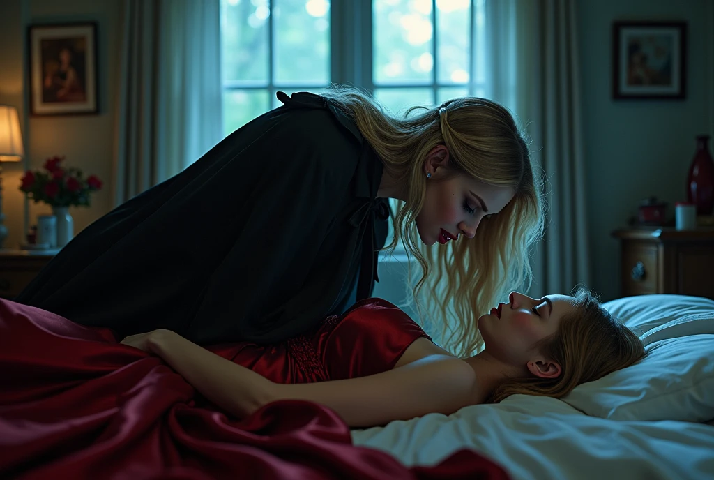 RAW photo, best quality, masterpiece, ultra-detailed, high res), (realistic),(extremely
delicate and beautiful:1), mesmerizing vampire woman with long blonde hair , detailed features, showing vampire fangs , wearing floor
length black and red lined satin cloak tied at the neck with ribbon ties , naked,moonlight bedroom , bending over a sleeping young woman in the bed , drinking her blood from her neck, imaginative, highly detailed, extremely high-resolution details,
photographic, realism pushed to extreme, fine texture, 8k, ultra-detailed, high quality, high
contrast, full body shot rich textures, wide shot, sharp focus, high detail, 8k, masterpiece, photo,