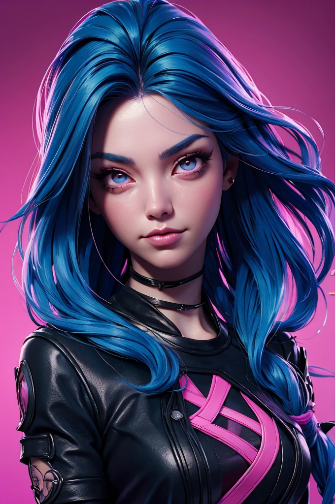 a woman with blue hair and a black shirt is standing in front of a pink background, lois van baarle and rossdraws, portrait of jinx from arcane, artgerm and lois van baarle, rossdraws 2. 0, rossdraws 1. 0, rossdraws 2. 5, artgerm and rossdraws, artgerm comic, 8K image quality, Masterpiece black background with pink brush splash, 8K image quality, Masterpiece