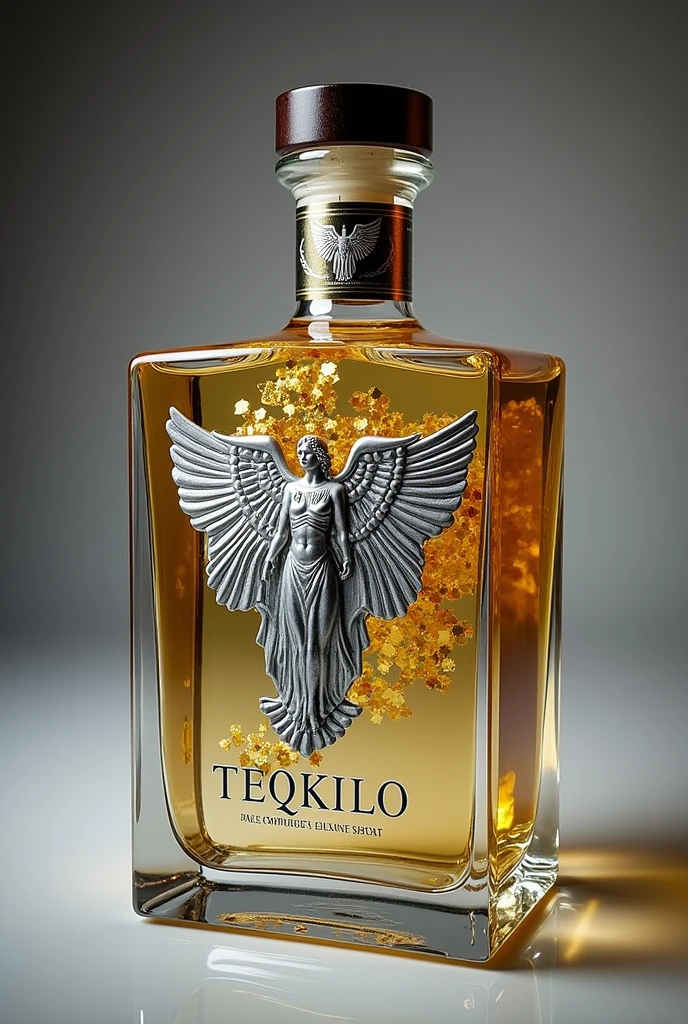 Tequila brand ((called teqkilo))), realistic and more stylized, the silver logo ((On the label, an angel:1.3)) the cannabis. Crystalline white tequila, square and medium bottle, imposes character, authenticity, style and power, square bottle, clear transparent tequila, with gold sheets inside floating in the white agave liquid, silver label, On the label se figura an angel que te da poder y confianza, with a logo that inspires confidence, The brand of tequila is called “teqkilo”:1.3”High resolution, detail, details altos, Very detailed, Create a high-resolution image of a square, medium-sized tequila bottle. The bottle should be crystal clear, showcasing the white agave liquid inside. Small flakes of gold should be suspended in the liquid, giving it a luxurious appearance. The label is silver and features a stylized angel, symbolizing power and confidence. The angel should be prominently displayed, with the tequila brand name "teqkilo" written in bold letters. The overall aesthetic should be both realistic and stylized, emphasizing the authenticity, character, and power of the tequila.