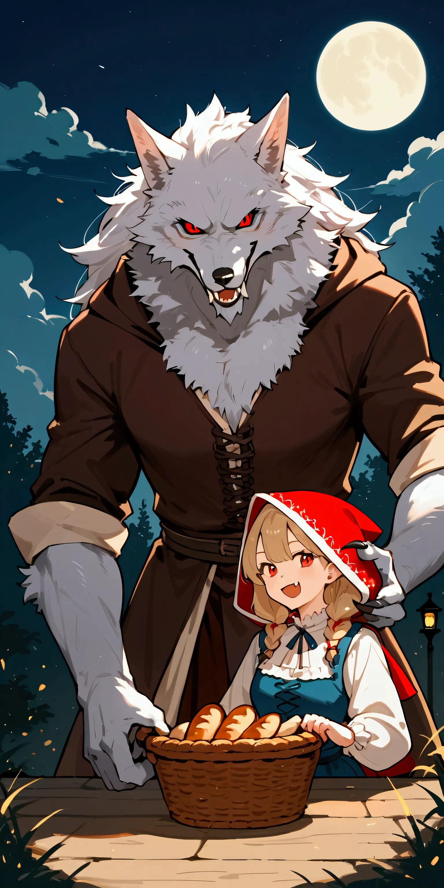 
score_9, score_8_up, score_7_up, score_6_up, score_5_up, score_4_up,source_anime, source_furry,rating_safe, 1girl\(red hood, basket\(wine bottle and bread\),\) AND 1man\((werewolf:1.3),white fur, beautiful,(evil:1.3) smile, fang,(wearing fur),mad\), at medieval English cottage on a full moon night